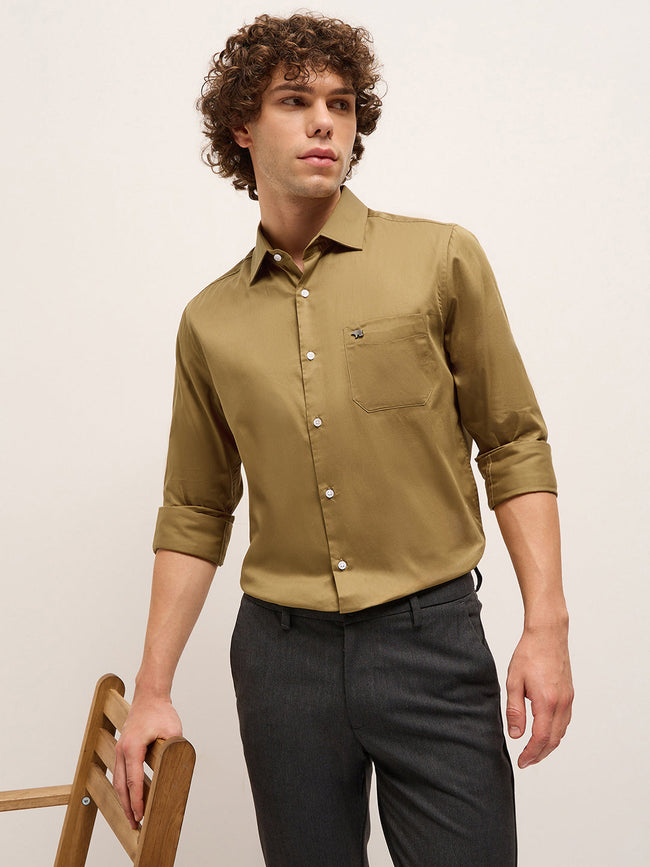 Men Shirt Dark Mustard Tailored Fit Solid Formal Shirt