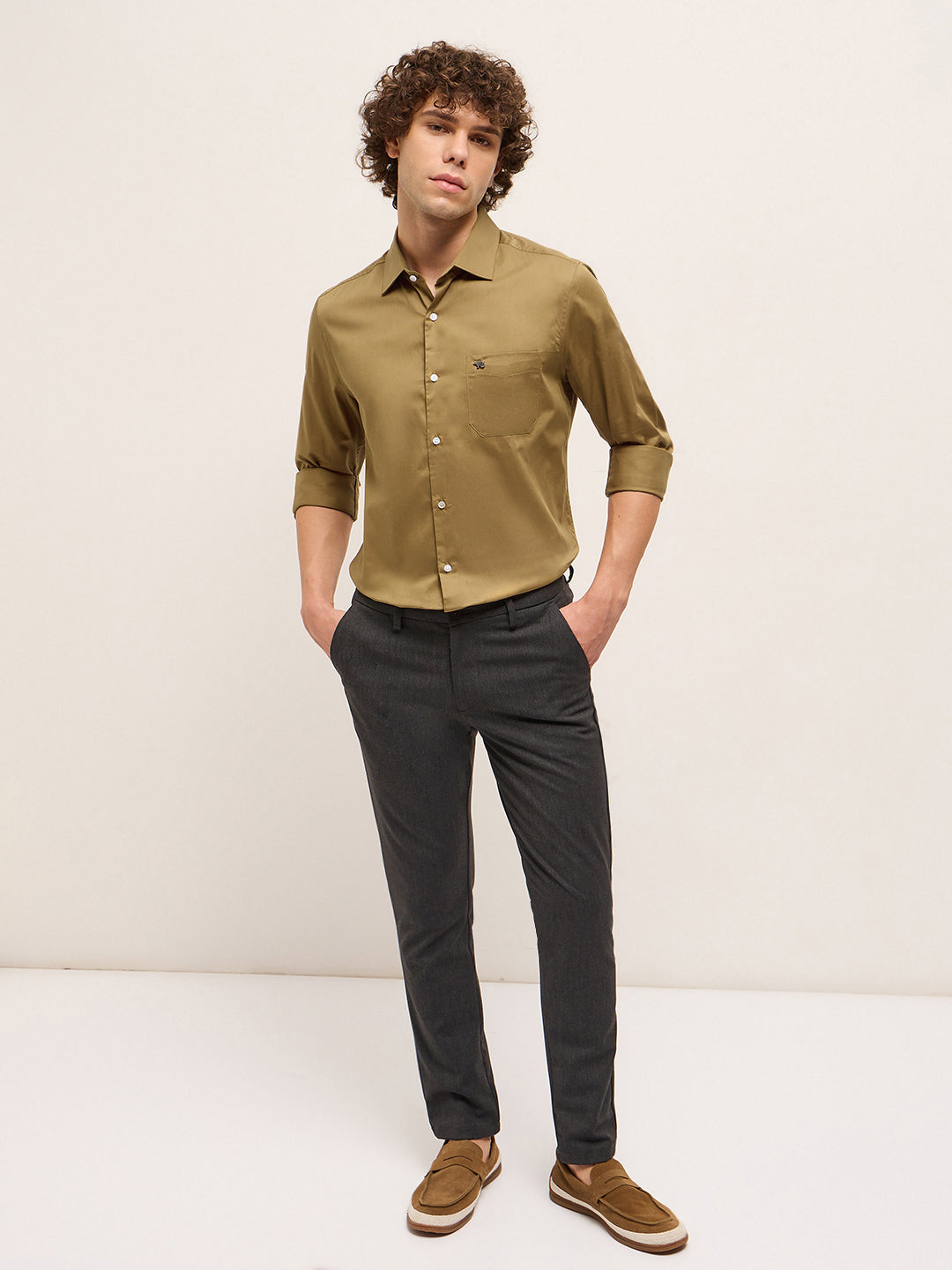 Men Shirt Dark Mustard Tailored Fit Solid Formal Shirt