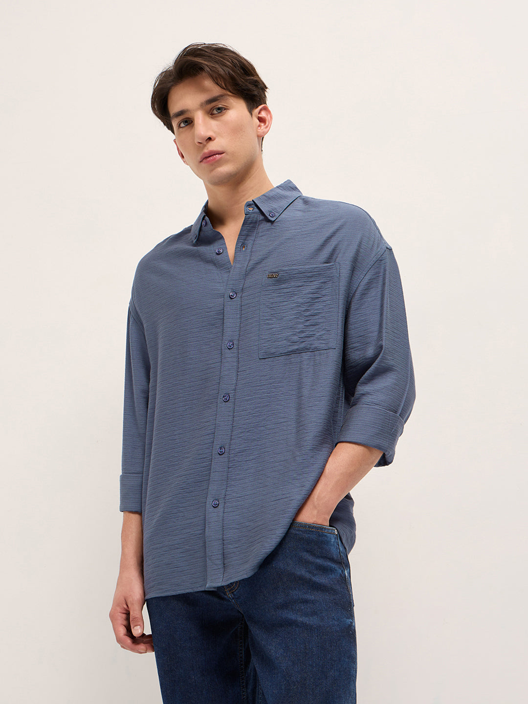 Men Blue Viscose Herringbone Design Relax Fit Casual shirt