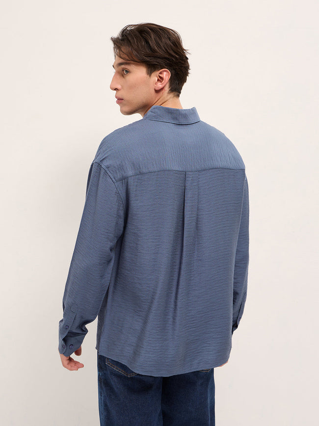 Men Blue Viscose Herringbone Design Relax Fit Casual shirt