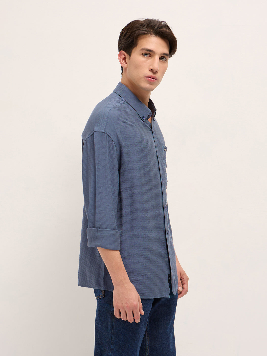 Men Blue Viscose Herringbone Design Relax Fit Casual shirt