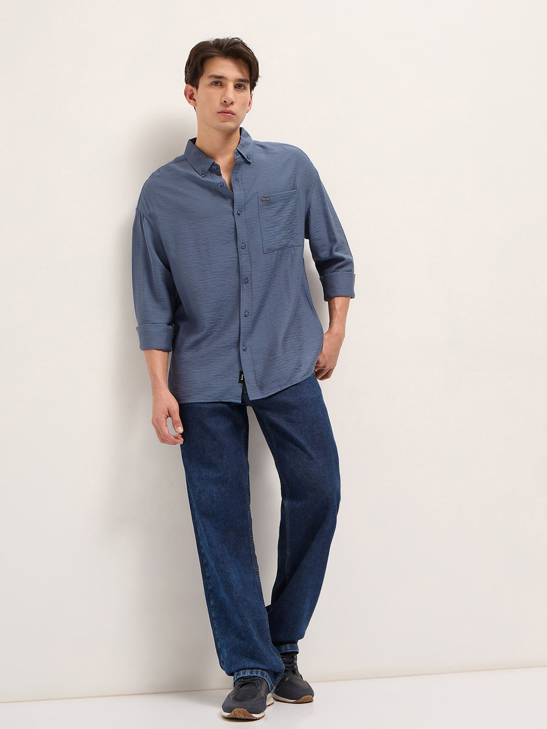 Men Blue Viscose Herringbone Design Relax Fit Casual shirt
