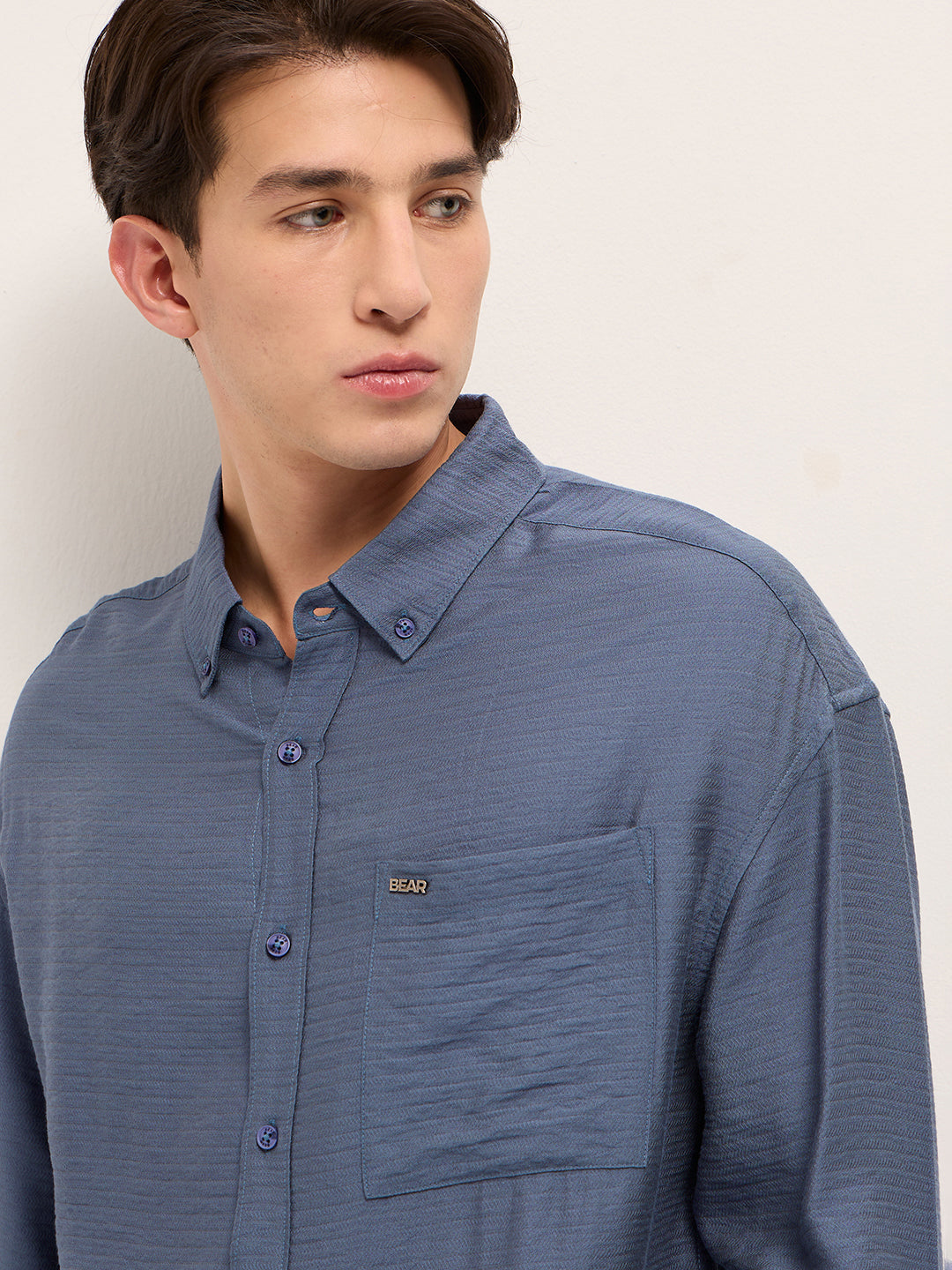 Men Blue Viscose Herringbone Design Relax Fit Casual shirt