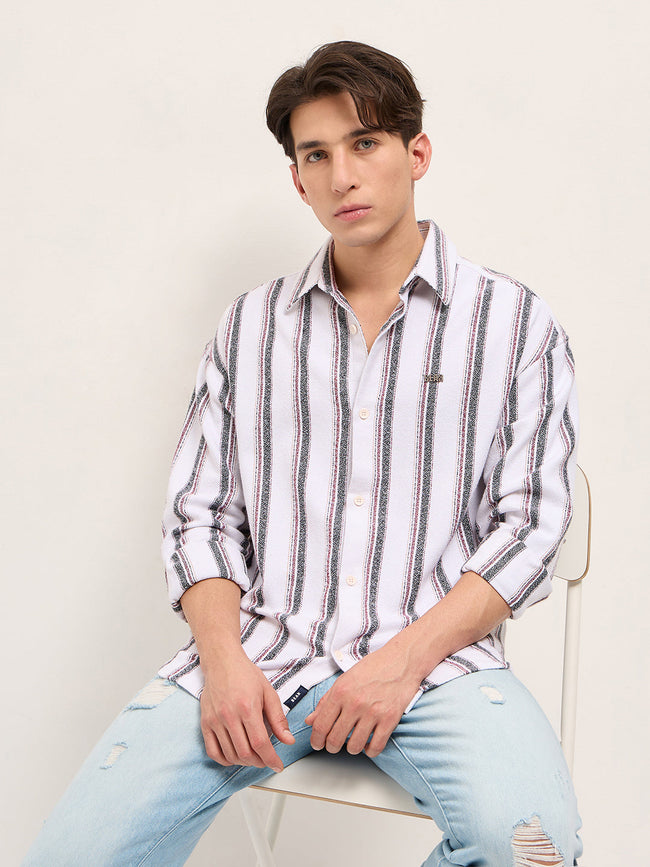 Men White Woven Vertical Stripe Design Relax Fit Overshirt