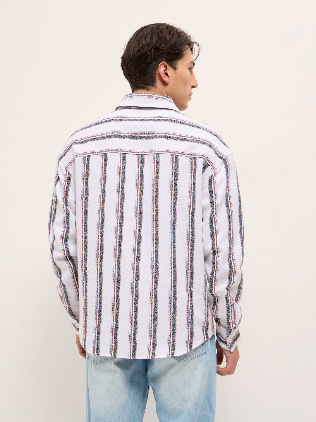 Men White Woven Vertical Stripe Design Relax Fit Overshirt
