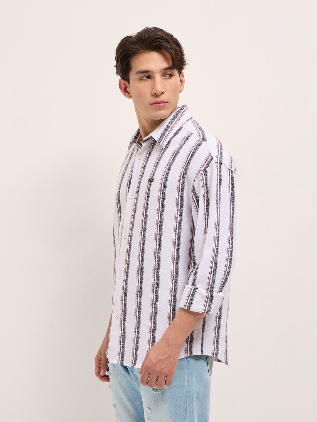 Men White Woven Vertical Stripe Design Relax Fit Overshirt