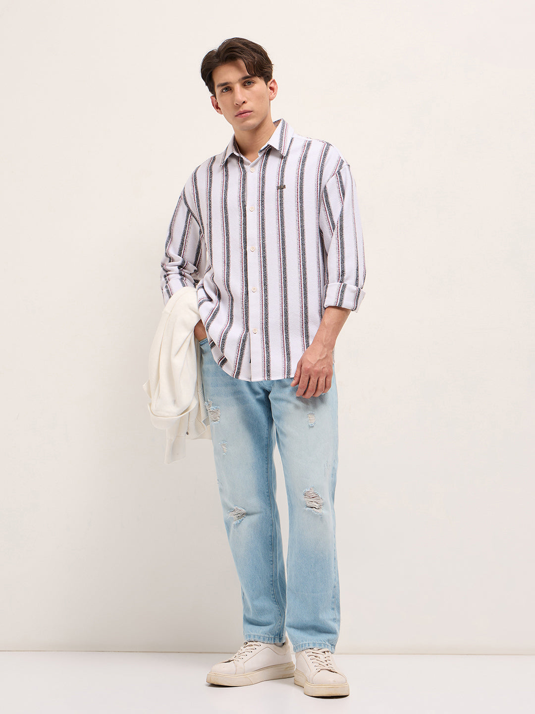 Men White Woven Vertical Stripe Design Relax Fit Overshirt