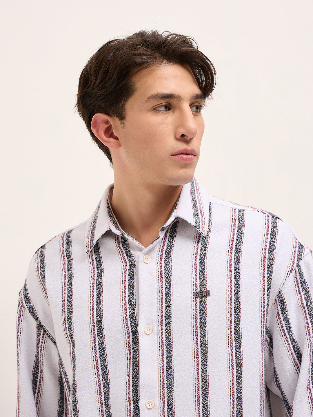 Men White Woven Vertical Stripe Design Relax Fit Overshirt