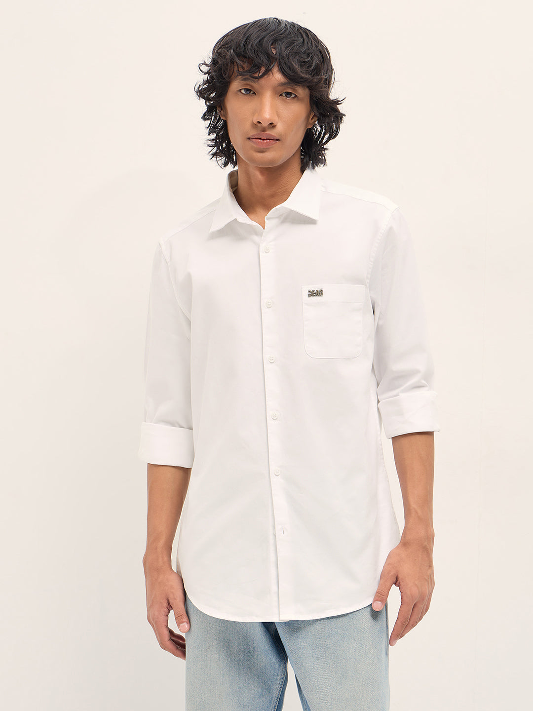 Men White Slim Fit Solid Cotton Casual Shirt