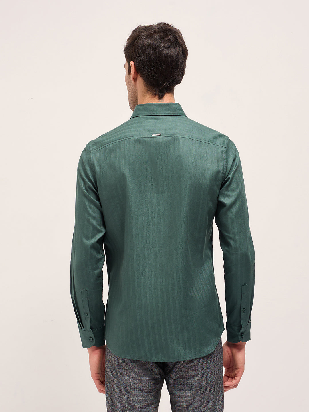 Men Green Cotton Woven Stripes Design Tailored Fit Formal Shirt