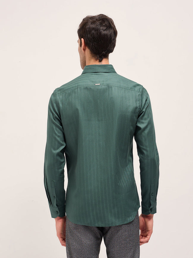 Men Green Cotton Woven Stripes Design Tailored Fit Formal Shirt