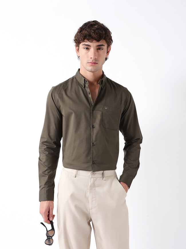 Men Olive Cotton Solid Shirt
