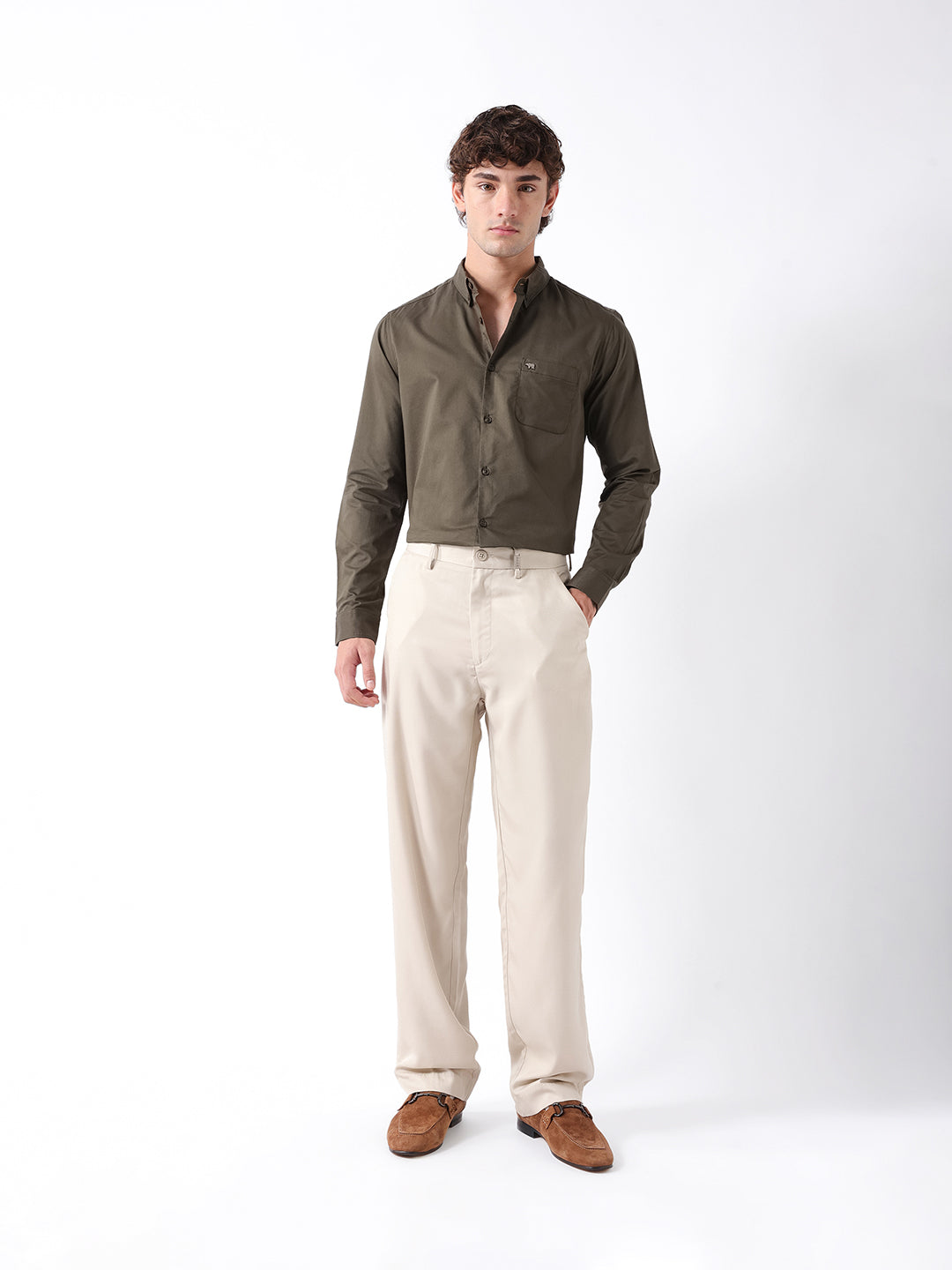 Men Olive Cotton Solid Shirt