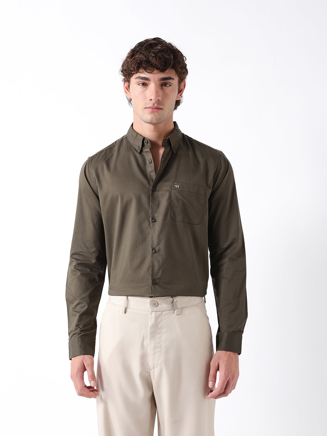 Men Olive Cotton Solid Shirt