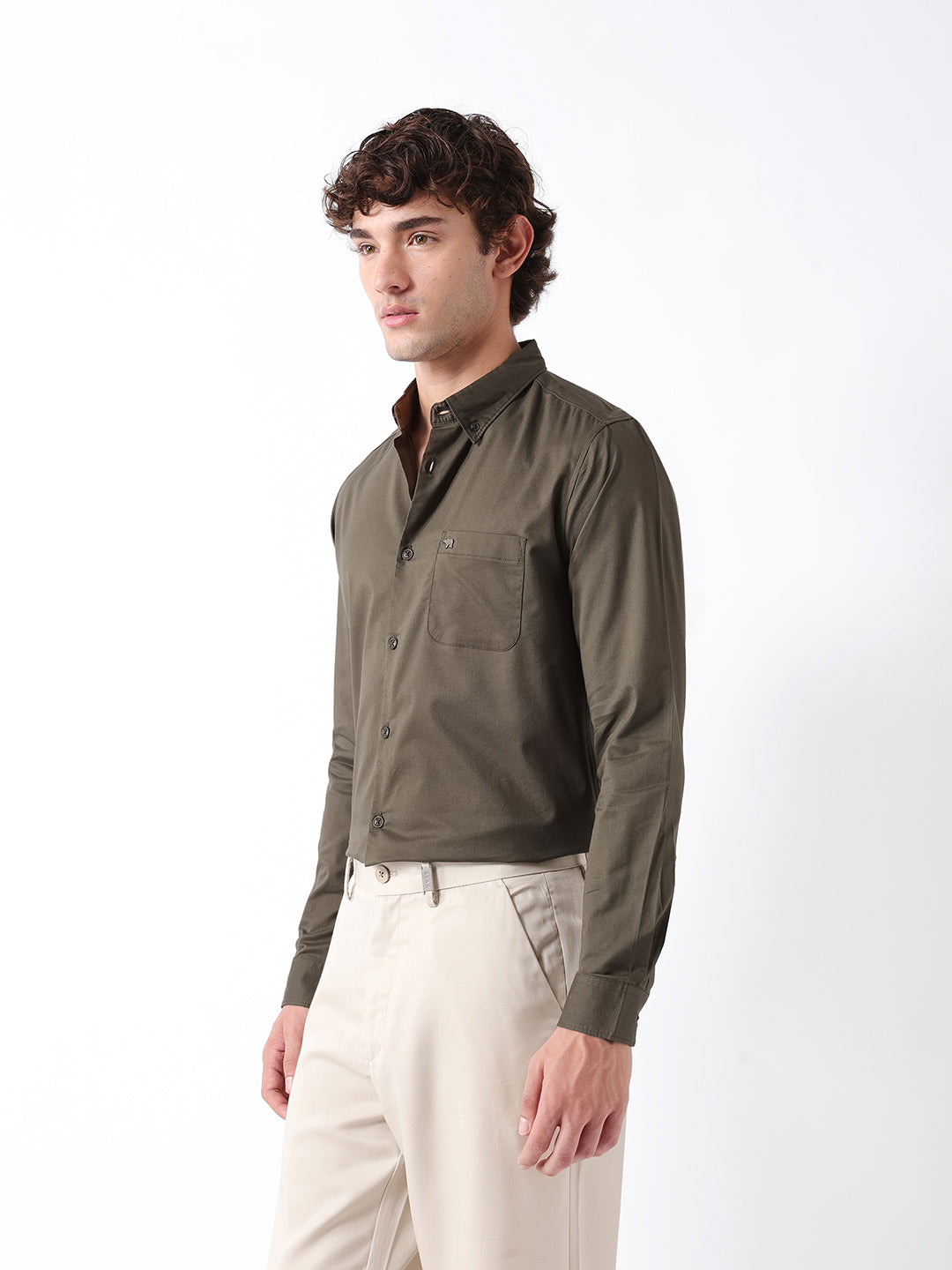 Men Olive Cotton Solid Shirt