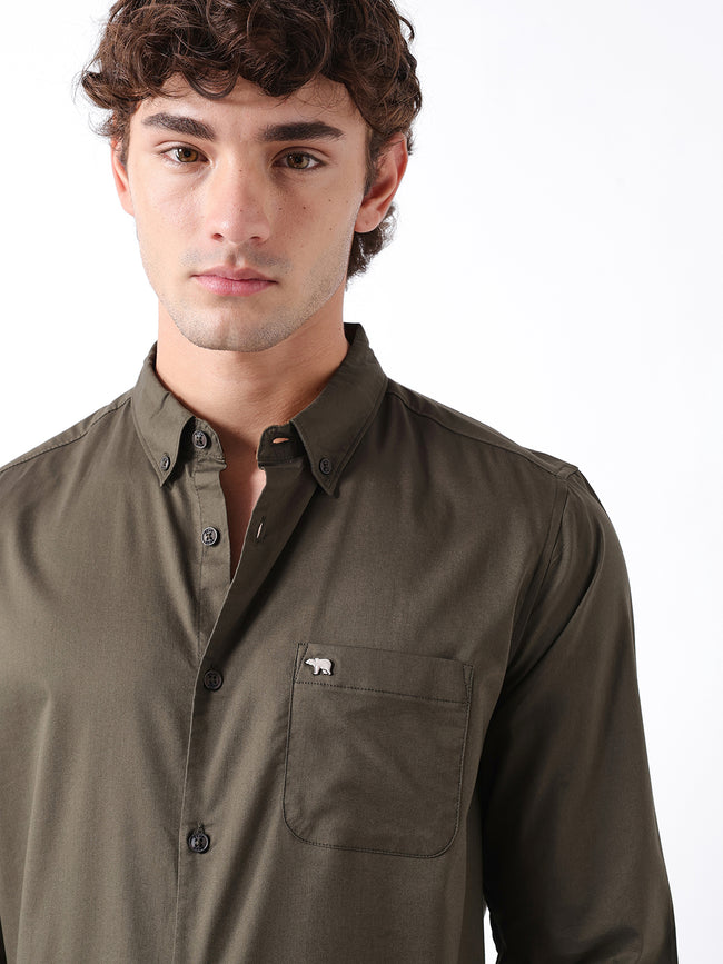 Men Olive Cotton Solid Shirt