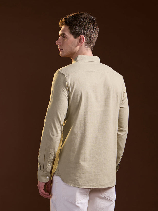 Men Beige Solid Slim Fit Cotton Casual Shirt