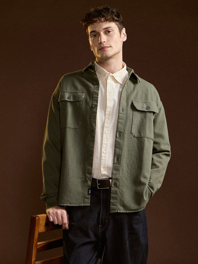 Men Olive Solid Relax Fit Overshirt