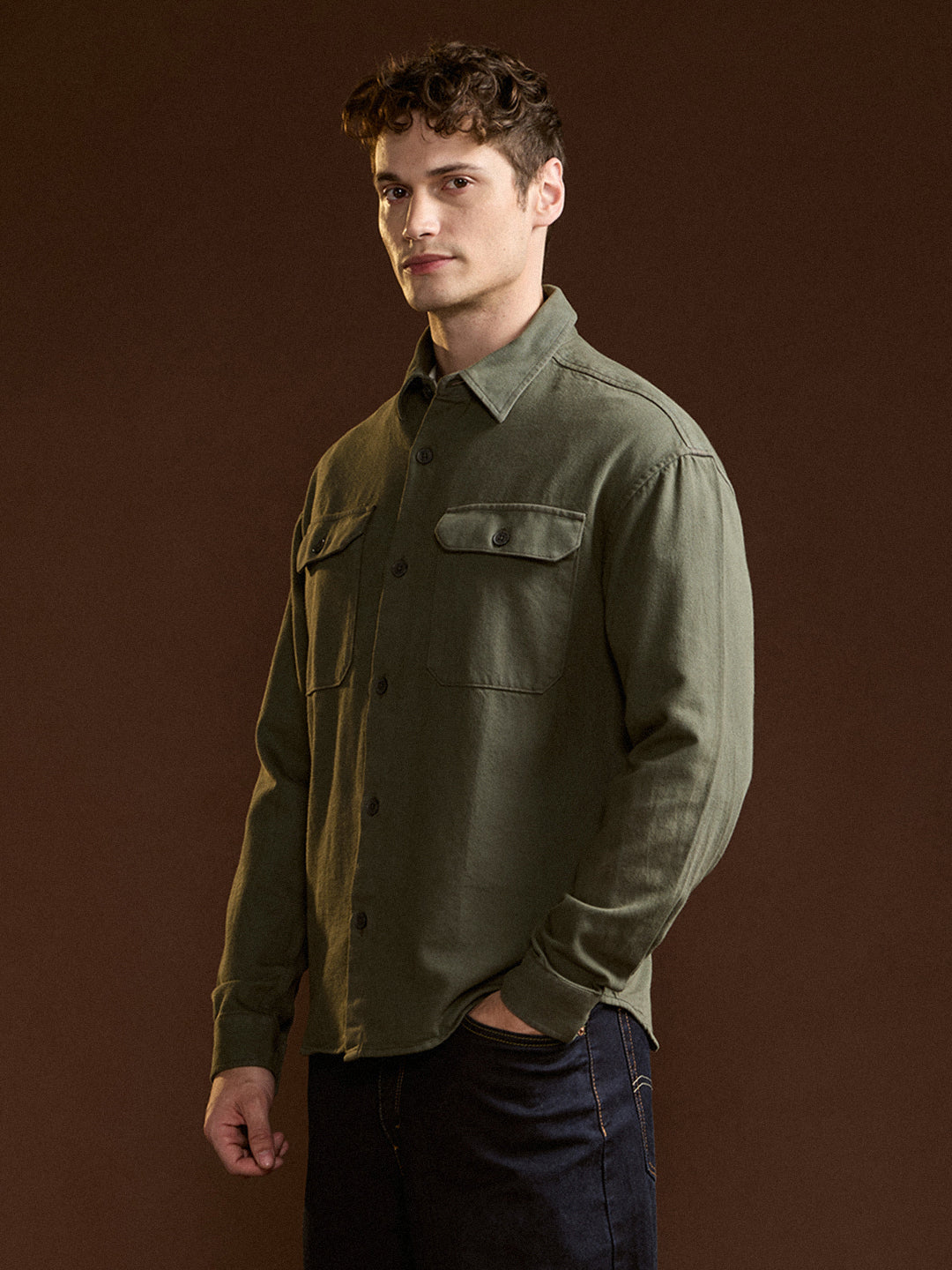 Men Olive Solid Relax Fit Overshirt