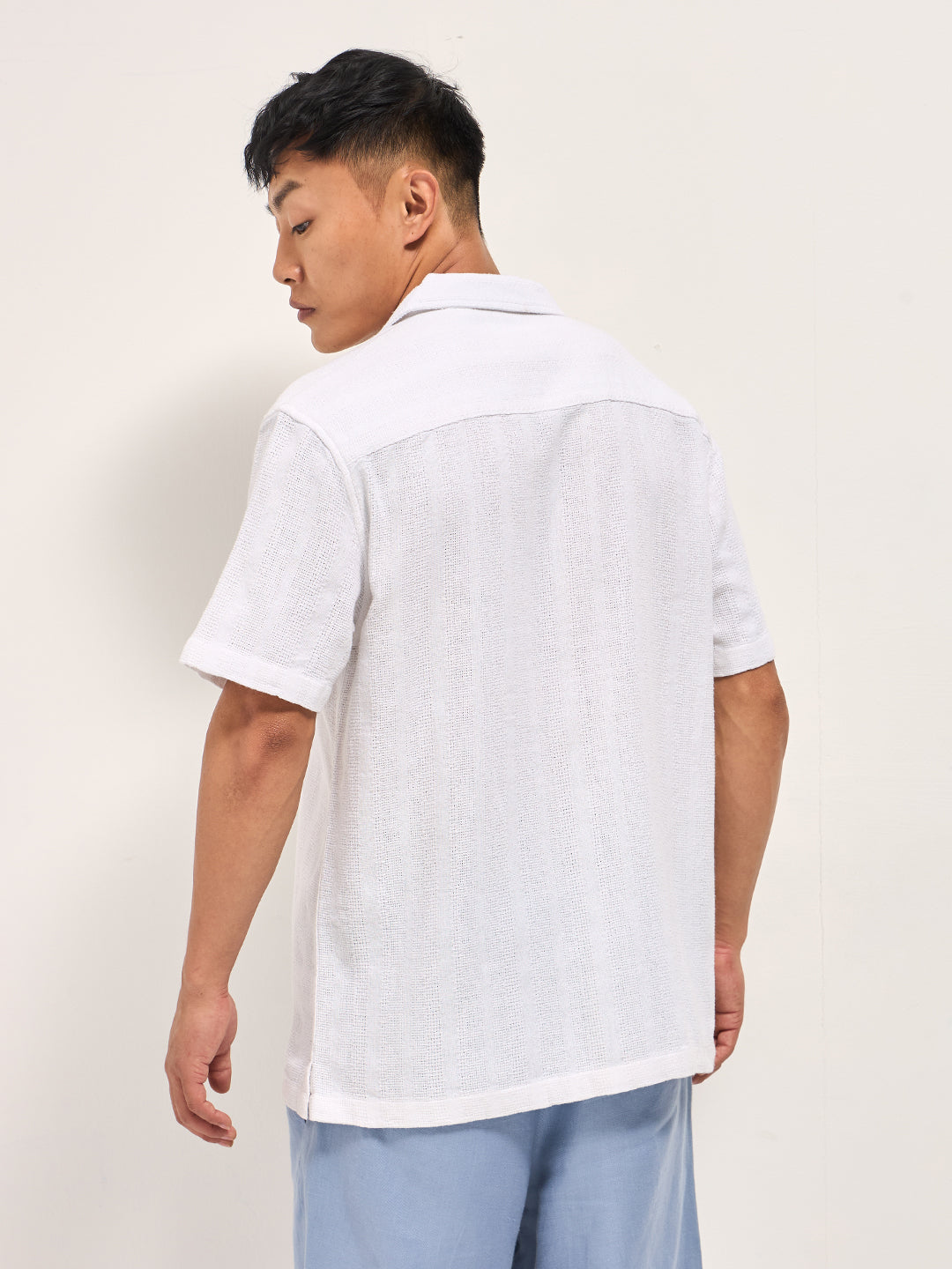 Men White Textured Striped Regular Fit Casual Shirt