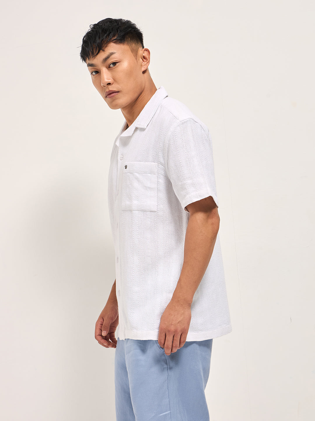 Men White Textured Striped Regular Fit Casual Shirt