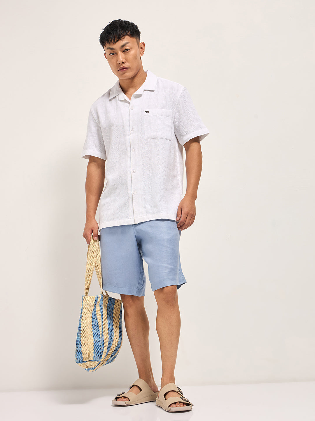 Men White Textured Striped Regular Fit Casual Shirt