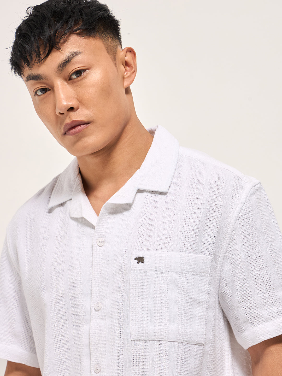 Men White Textured Striped Regular Fit Casual Shirt