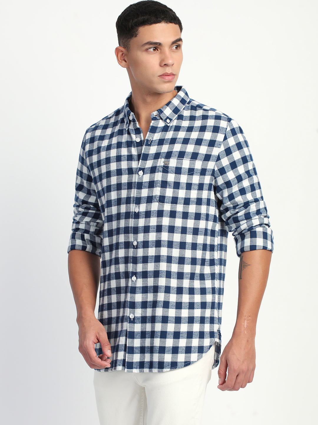 Men Blue Checked Slim Fit Casual Shirt