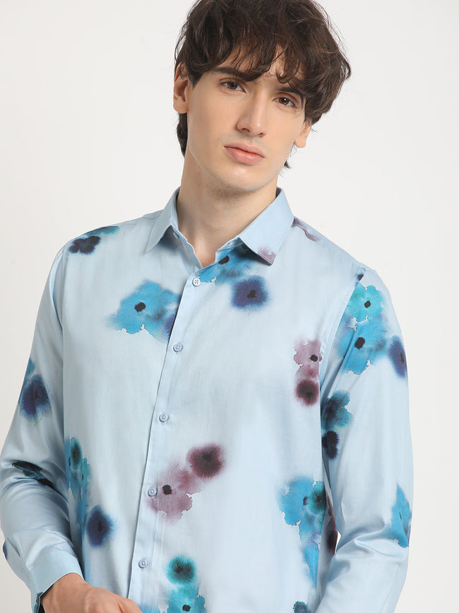 Men  Blue Floral Print Long-Sleeve Slim Fit Casual Shirt