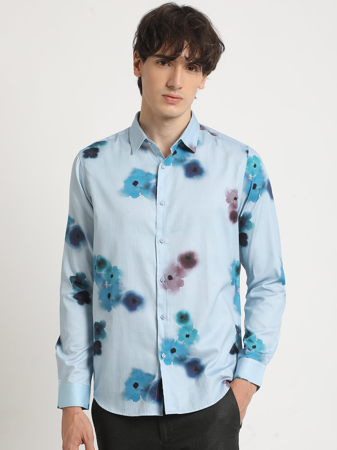Men  Blue Floral Print Long-Sleeve Slim Fit Casual Shirt