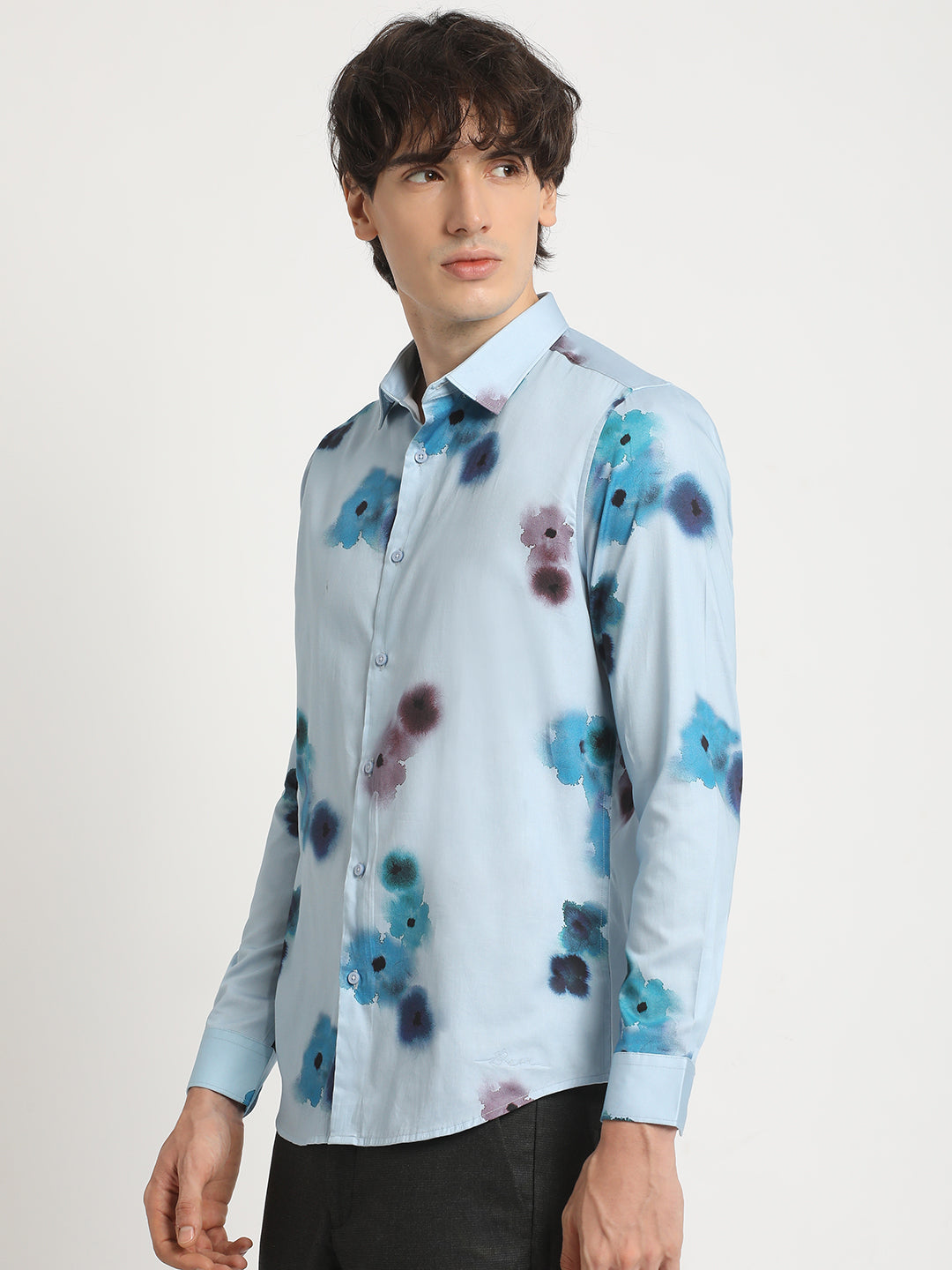 Men  Blue Floral Print Long-Sleeve Slim Fit Casual Shirt