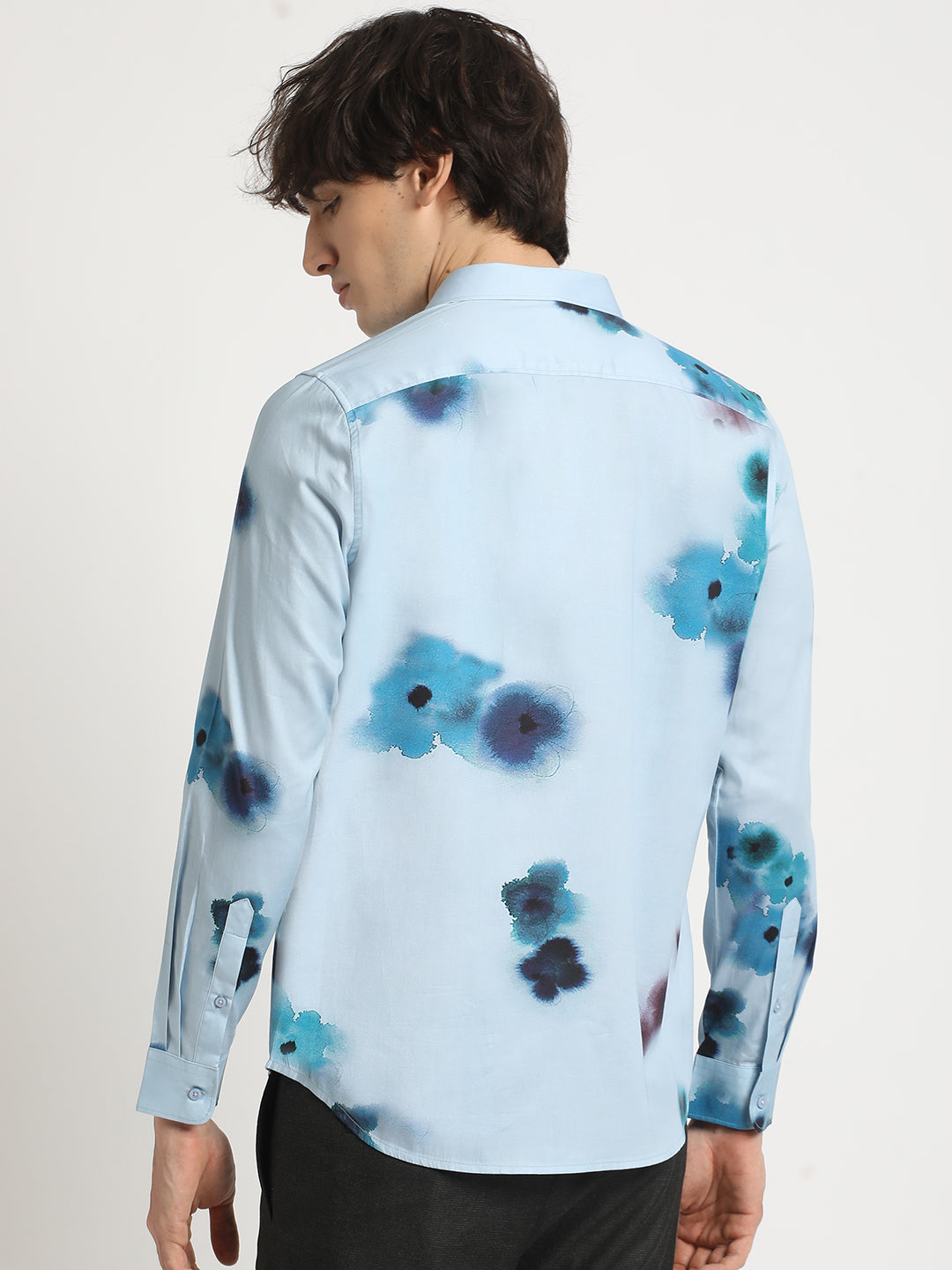 Men  Blue Floral Print Long-Sleeve Slim Fit Casual Shirt