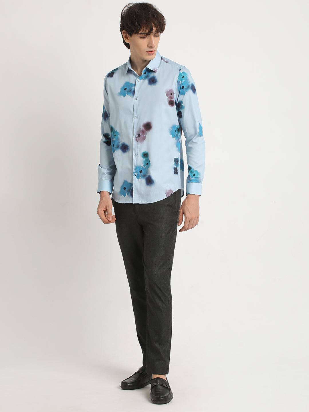Men  Blue Floral Print Long-Sleeve Slim Fit Casual Shirt