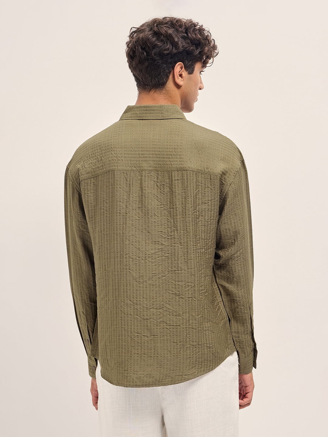 Men Olive Crinkled Stripe Textured Relaxed Fit Long Sleeve Shirt