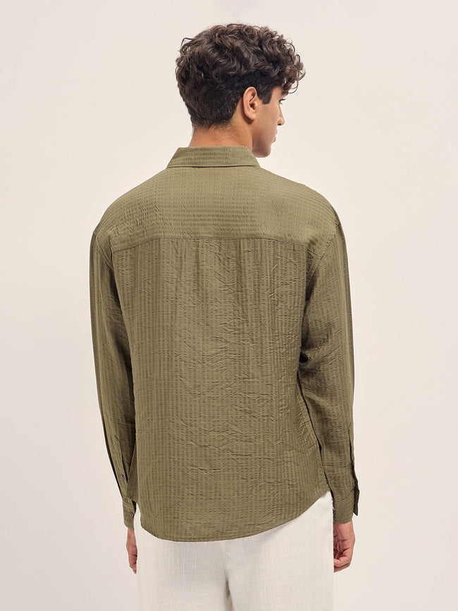 Men Olive Crinkled Stripe Textured Relaxed Fit Long Sleeve Shirt