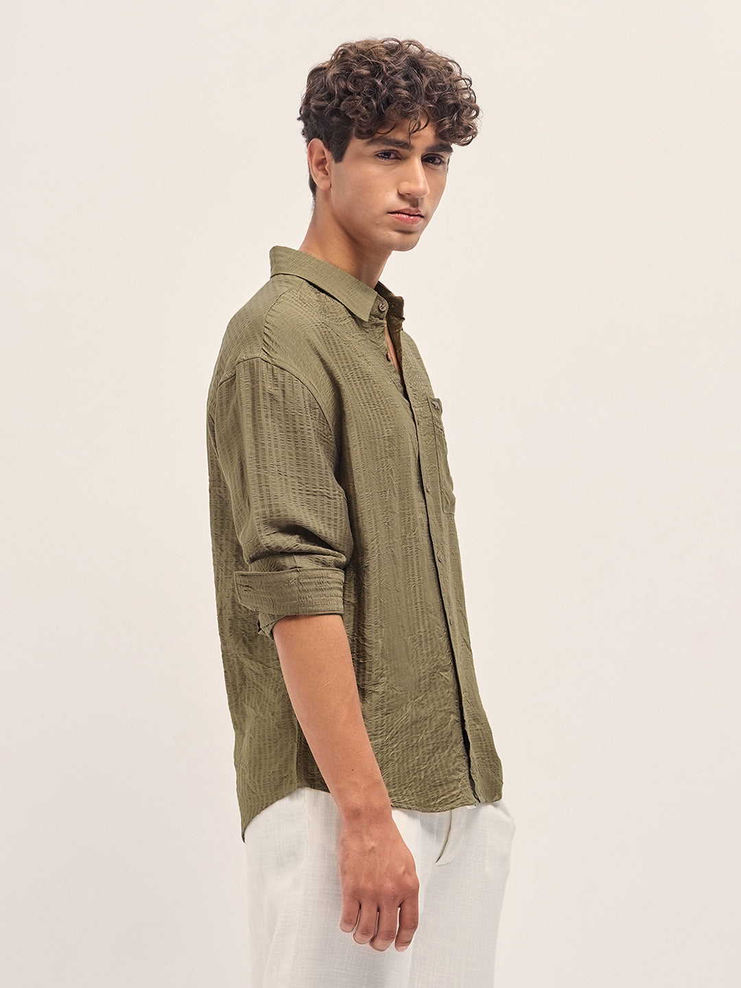 Men Olive Crinkled Stripe Textured Relaxed Fit Long Sleeve Shirt