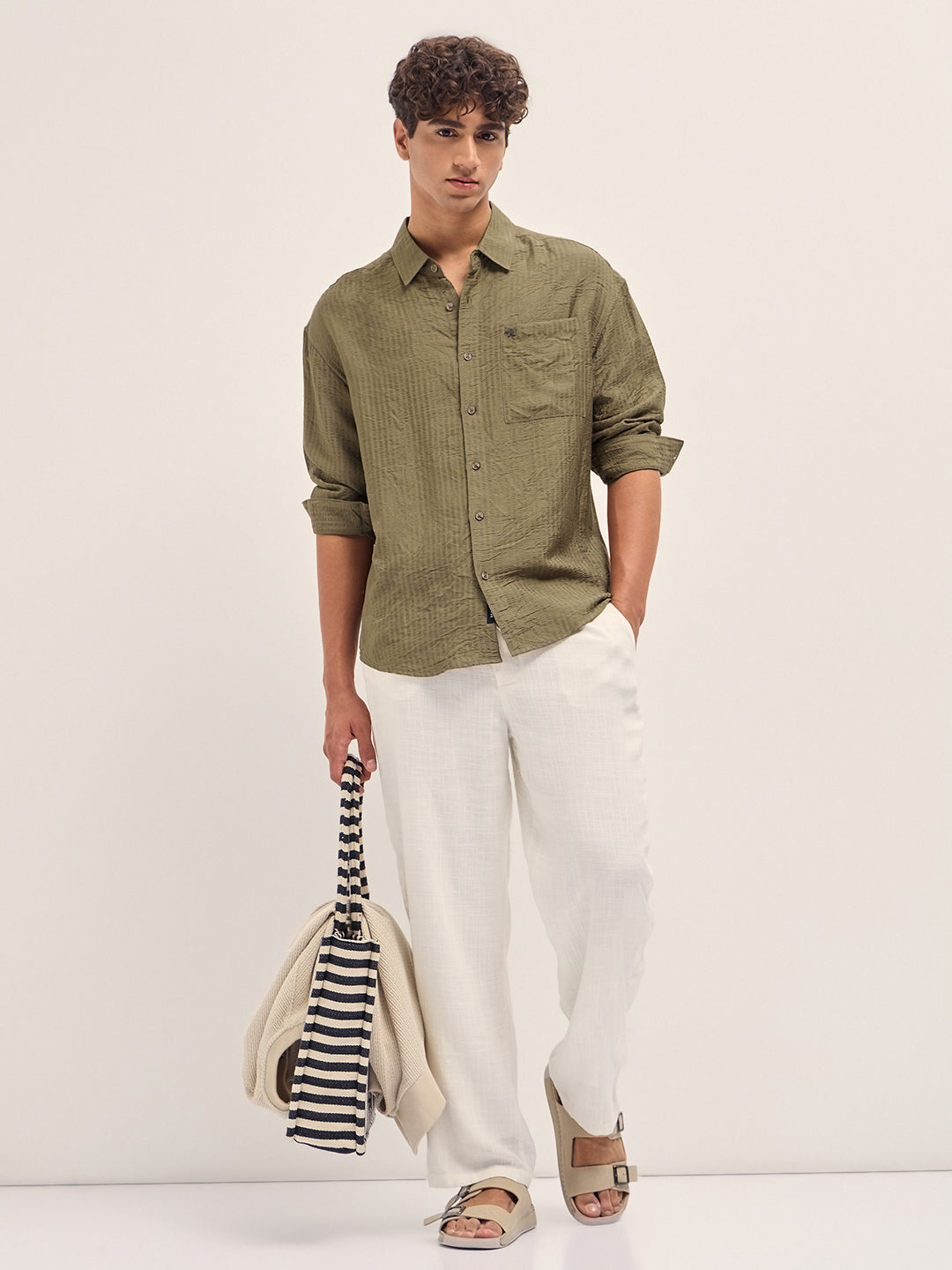 Men Olive Crinkled Stripe Textured Relaxed Fit Long Sleeve Shirt