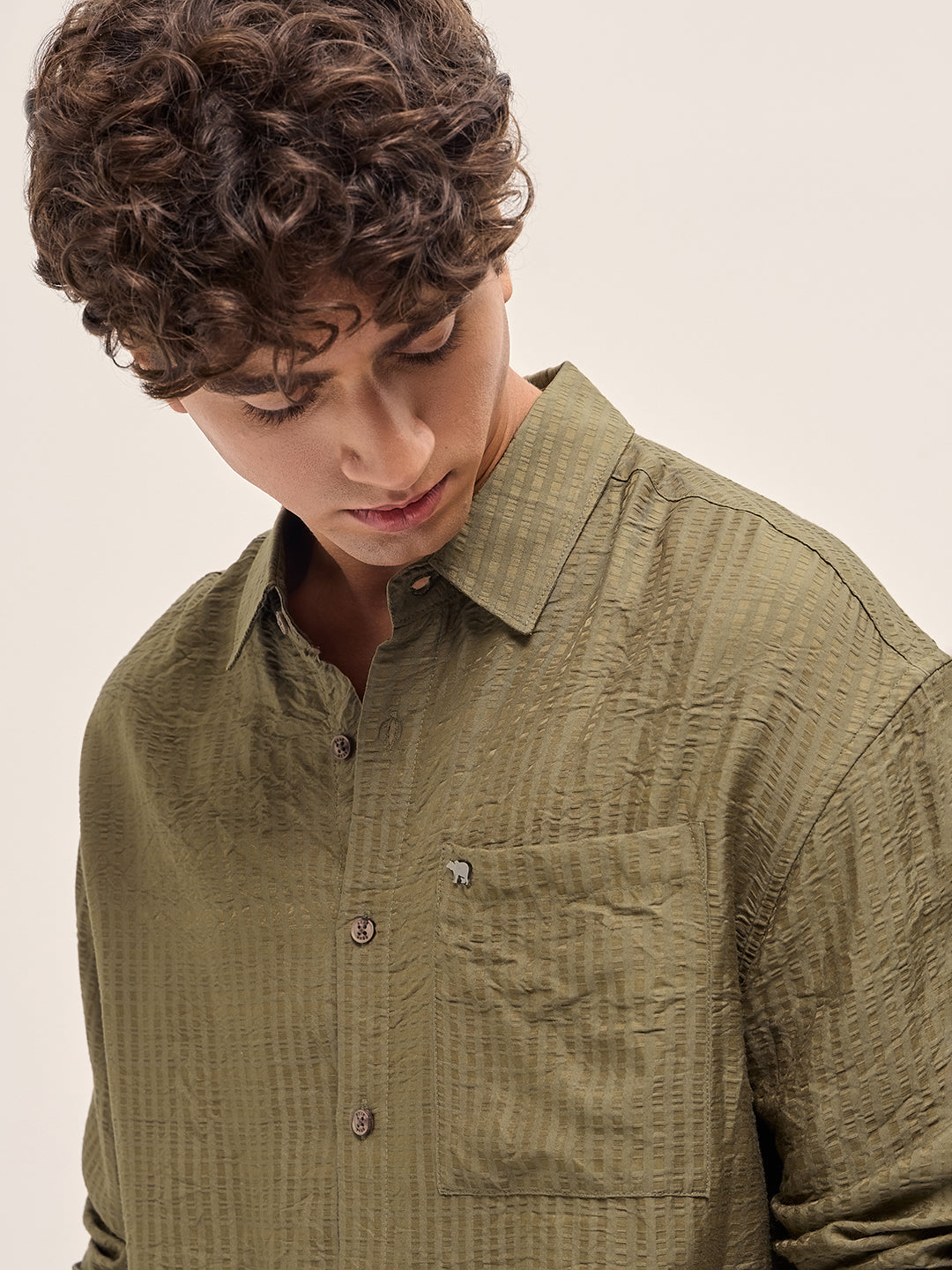 Men Olive Crinkled Stripe Textured Relaxed Fit Long Sleeve Shirt