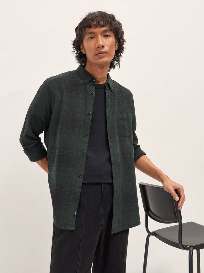 Men Green and Black Checked Slim Fit Casual Shirt