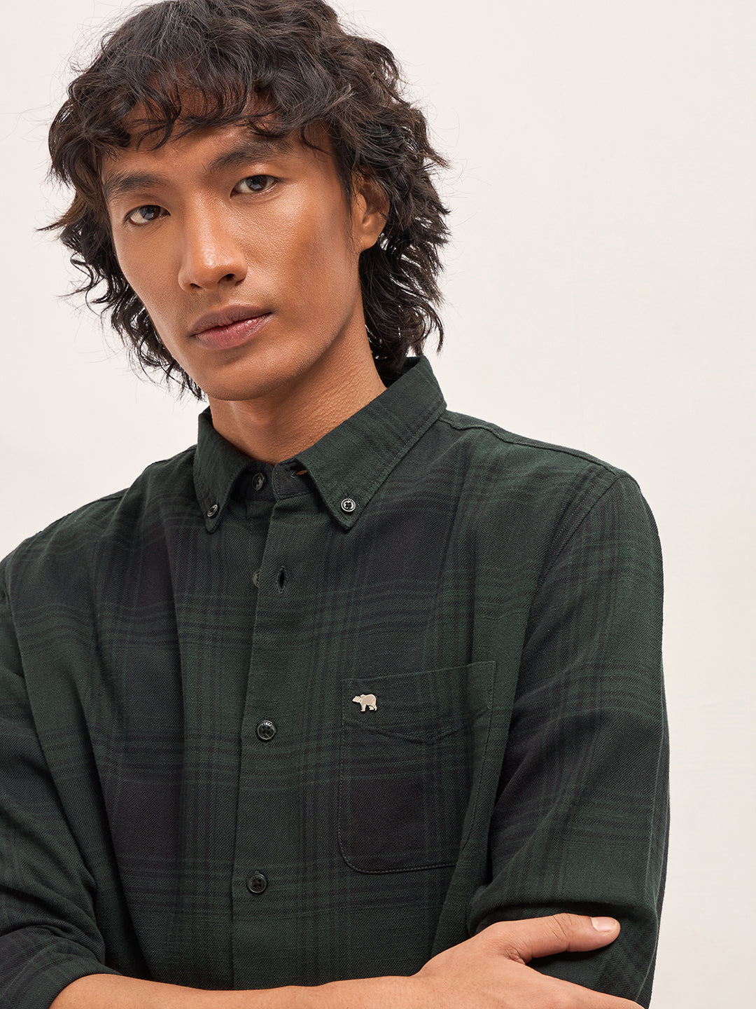 Men Green and Black Checked Slim Fit Casual Shirt