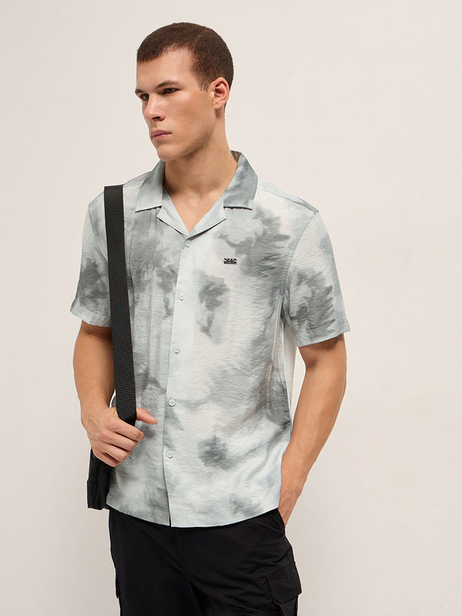 Men Light Grey Faded Abstract Print Relaxed Fit Cuban Collar Shirt