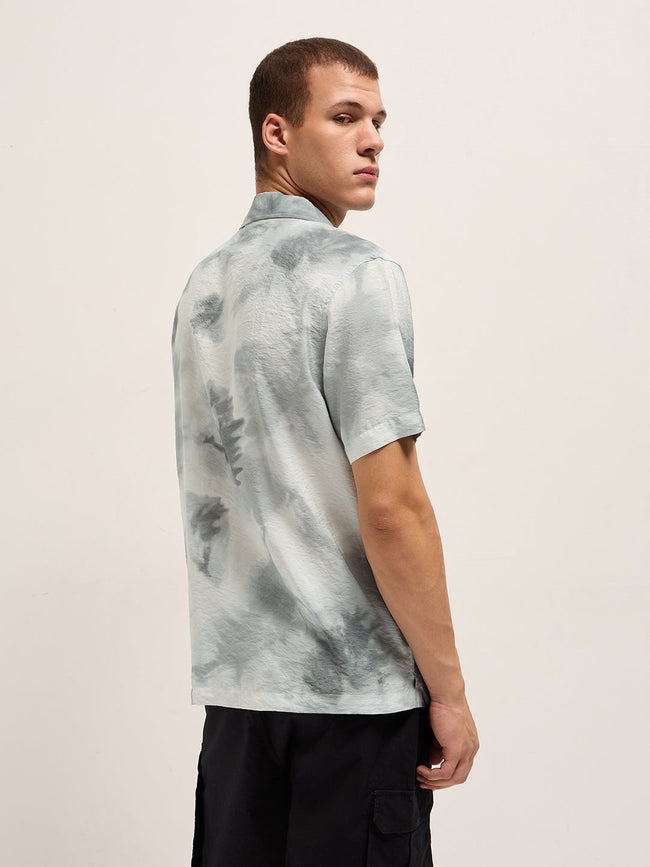 Men Light Grey Faded Abstract Print Relaxed Fit Cuban Collar Shirt
