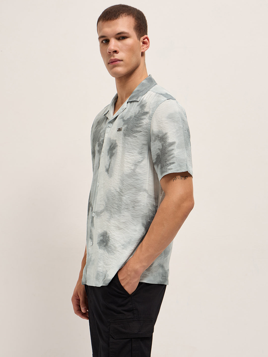 Men Light Grey Faded Abstract Print Relaxed Fit Cuban Collar Shirt