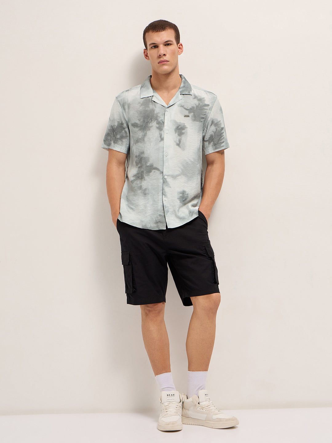 Men Light Grey Faded Abstract Print Relaxed Fit Cuban Collar Shirt