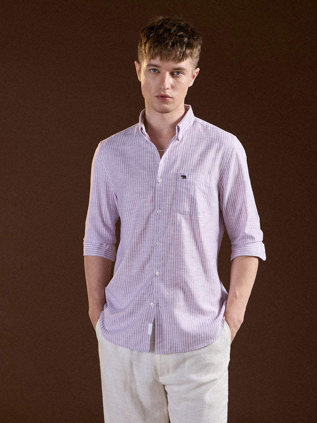 Men Purple Pin Vertical Stripes Slim Fit Casual Shirt