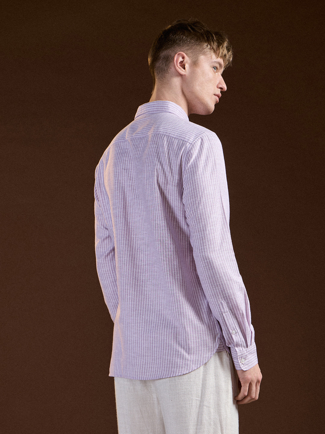 Men Purple Pin Vertical Stripes Slim Fit Casual Shirt