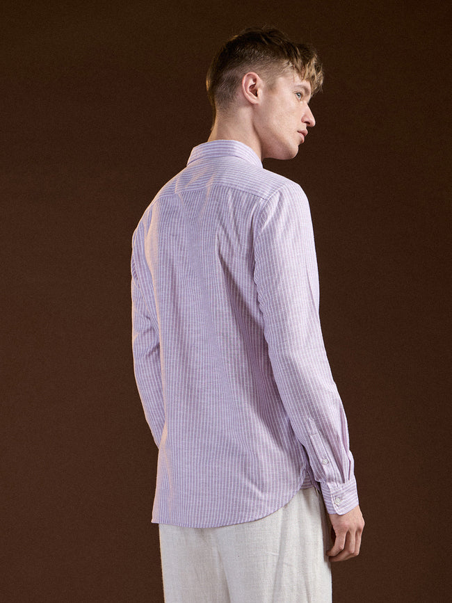Men Purple Pin Vertical Stripes Slim Fit Casual Shirt