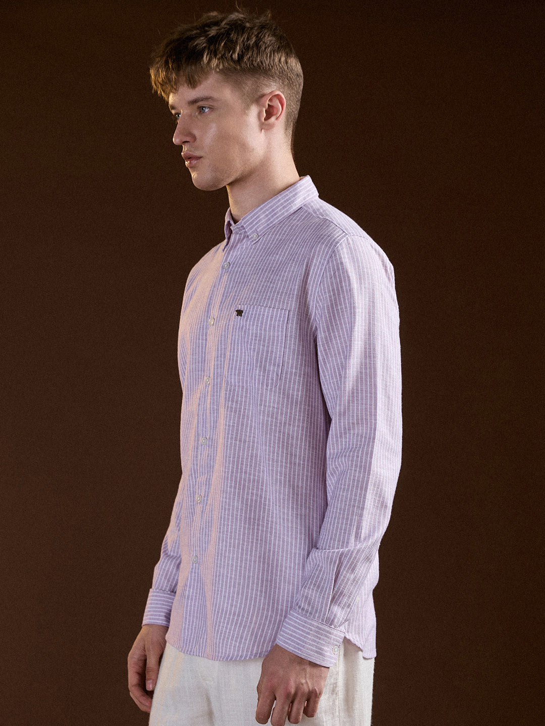 Men Purple Pin Vertical Stripes Slim Fit Casual Shirt