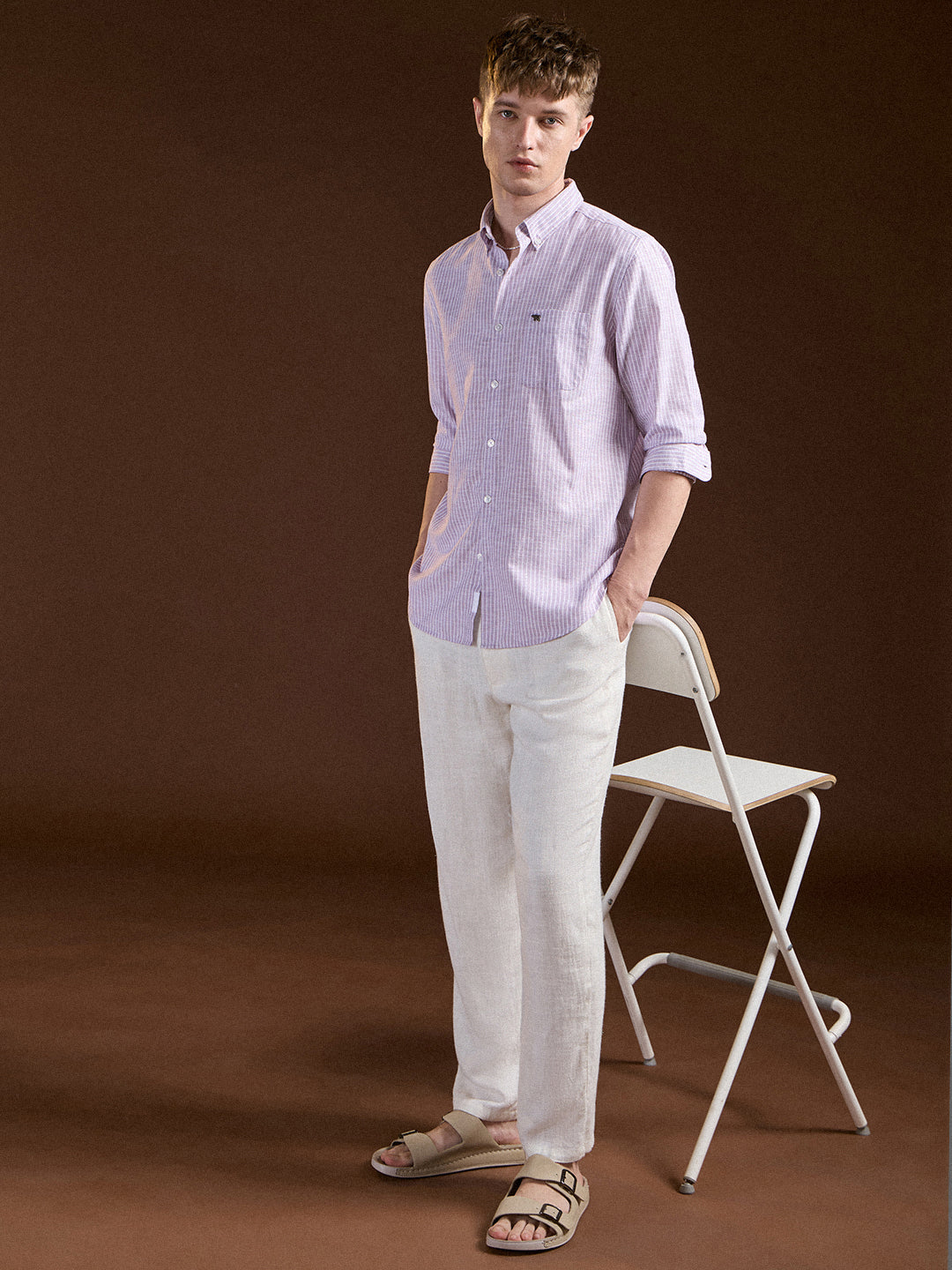 Men Purple Pin Vertical Stripes Slim Fit Casual Shirt