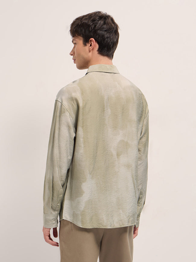 Men Cream Abstract Print Crinkled Textured Relaxed Fit Casual Shirt